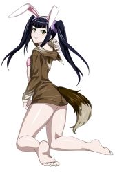 Rule 34 | 00s, 1girl, animal ears, ass, barefoot, black hair, fake tail, feet, female focus, hair ornament, ikkitousen, long hair, looking at viewer, official art, saji genpou (true), smile, soles, tail, toes, twintails, yellow eyes