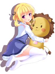 Rule 34 | 1girl, :d, bashen chenyue, belt, black belt, black ribbon, blonde hair, blue dress, blush, collared shirt, dress, from side, full body, girlish number, hair ribbon, hair rings, highres, holding, holding stuffed toy, long sleeves, looking at viewer, looking to the side, neck ribbon, no shoes, open mouth, purple eyes, ribbon, shadow, shirt, sleeveless, sleeveless dress, smile, soles, solo, sonou momoka, stuffed animal, stuffed lion, stuffed toy, thighhighs, twintails, white background, white shirt, white thighhighs