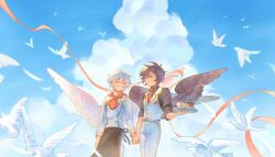 Rule 34 | 2boys, ahoge, apron, belt, bird, blue sky, brown hair, brown wings, chef, closed eyes, cloud, cloudy sky, coffee, coffee cup, commentary, cup, disposable cup, english commentary, feathered wings, granblue fantasy, hair between eyes, highres, holding, holding hands, holding tray, light smile, lucifer (shingeki no bahamut), male focus, messy hair, multiple boys, neckerchief, necktie, official alternate costume, red eyes, red neckerchief, red necktie, renren be, sandalphon (granblue fantasy), short hair, sky, sleeves rolled up, smile, tray, vest, waist apron, white hair, white vest, white wings, wings, yaoi