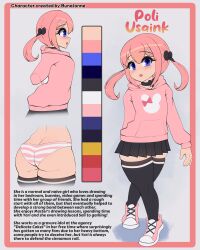 Rule 34 | 1girl, absurdres, animal print, ass, black skirt, blue eyes, bow, breasts, bunalonne, butt crack, character sheet, choker, curvy, english text, from side, hair bow, hair ornament, hairclip, highres, hood, hoodie, miniskirt, original, panties, pink hair, pink hoodie, poli usaink (bunalonne), rabbit, rabbit print, skirt, small breasts, striped clothes, striped panties, tagme, thick thighs, thighhighs, thighs, twintails, underwear