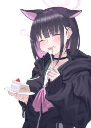 Rule 34 | 1girl, absurdres, animal ears, apple t (ringotyasan), ascot, black choker, black hair, black hoodie, blue archive, blush, breasts, cake, cat ears, choker, closed eyes, closed mouth, commentary request, cream, eating, extra ears, food, food-themed hair ornament, food on face, fork, fruit, green shirt, hair between eyes, hair ornament, halo, heart, highres, holding, holding fork, holding plate, hood, hoodie, ice cream hair ornament, kazusa (blue archive), long sleeves, medium breasts, multicolored hair, pink ascot, pink hair, plate, pocket, puffy long sleeves, puffy sleeves, sailor collar, shirt, short hair, simple background, smile, solo, standing, strawberry, two-tone hair, white background