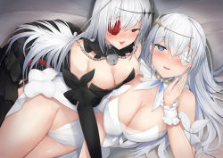 Rule 34 | 2girls, absurdres, azur lane, black dress, blue eyes, blush, breast press, breasts, covered erect nipples, detached collar, dress, dual persona, emden (azur lane), flower, flower eyepatch, full-face blush, hair ornament, highres, large breasts, long hair, looking at viewer, multiple girls, nori aji, padlock, padlocked collar, red eyes, red flower, red rose, rose, very long hair, white dress, white flower, white hair, white rose