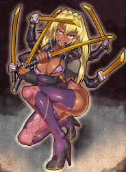 Rule 34 | 1girl, artist request, ass, blonde hair, boots, breasts, cleavage, dark-skinned female, dark skin, female focus, green eyes, highleg, holding, holding sword, holding weapon, kneeling, large breasts, leotard, long hair, looking at viewer, mechanical arms, open mouth, shiny clothes, shiny skin, skin tight, smile, solo, sword, taimanin (series), taimanin asagi, taimanin rpgx, twintails, weapon, yomi akitsu