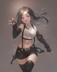 Rule 34 | 1girl, :d, absurdres, arm guards, bare shoulders, black skirt, black thighhighs, breasts, brown hair, cowboy shot, crop top, earrings, elbow pads, final fantasy, final fantasy vii, fingerless gloves, gloves, hand up, highres, jewelry, looking at viewer, midriff, miniskirt, navel, open mouth, orange eyes, parted bangs, peace (kgrv5733), pleated skirt, skirt, sleeveless, smile, solo, standing, suspender skirt, suspenders, swept bangs, tank top, thighhighs, tifa lockhart, zettai ryouiki
