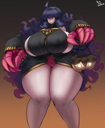 Rule 34 | 1girl, @ @, absurdres, ahoge, alternate costume, alternate eye color, banette, banette (cosplay), bare shoulders, black background, black dress, breasts, cosplay, cowboy shot, creatures (company), dated, detached sleeves, dress, game freak, gauntlets, gen 3 pokemon, gen 6 pokemon, gipehtyboo, gradient background, hairband, hex maniac (pokemon), highres, huge breasts, jack-o&#039;-lantern, long hair, long sleeves, looking at viewer, mega banette, mega banette (cosplay), mega pokemon, messy hair, nintendo, open mouth, orange background, panties, pink eyes, pink panties, pokemon, pokemon xy, pumpkaboo, purple hair, sideboob, smile, solo, standing, thick thighs, thighs, turtleneck, two-tone background, underwear, wide hips