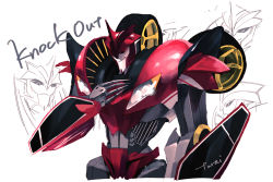 Rule 34 | 1boy, character name, claws, decepticon, hand on own chest, highres, knockout (transformers), looking at viewer, machine, machinery, male focus, mecha, no humans, personification, red eyes, robot, simple background, smile, solo, standing, tarai, transformers, transformers prime, upper body, wheel, white background