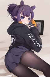 Rule 34 | 1girl, ass, black pantyhose, black skirt, black sweater, blue eyes, blush, closed mouth, commentary, drawing tablet, food, from behind, highres, hololive, hololive english, in mouth, long sleeves, looking at viewer, looking back, lying, multicolored hair, ninomae ina&#039;nis, on side, orange hair, pantyhose, pocky, pointy ears, purple hair, shuuzo3, skirt, solo, stylus, sweater, takodachi (ninomae ina&#039;nis), thighs, virtual youtuber