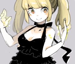 Rule 34 | 1girl, bad drawr id, bad id, bare arms, black collar, black dress, blonde hair, blush stickers, breasts, bright pupils, character request, closed mouth, collar, collarbone, copyright request, dress, frilled dress, frills, grey background, hands up, long hair, looking at viewer, medium breasts, oekaki, orange eyes, sidelocks, simple background, smile, solo, star (symbol), twintails, upper body, white pupils, yoshimoto masume
