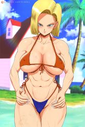 Rule 34 | 1girl, alternate breast size, android 18, aqua eyes, bare shoulders, beach, belly, bikini, blonde hair, blue bikini, blue eyes, blurry, blush, bob cut, breasts, cloud, collarbone, cowboy shot, curvy, day, depth of field, dragon ball, dragonball z, dutch angle, earrings, facing viewer, female focus, flower pot, front-tie bikini top, front-tie top, grass, highleg, highleg bikini, hoop earrings, house, island, jewelry, kame house, krabbytheartist, large breasts, legs together, lens flare, long hair, looking at viewer, mature female, micro bikini, midriff, multicolored bikini, multicolored clothes, nail polish, navel, ocean, orange bikini, outdoors, plant, potted plant, seductive smile, shiny skin, short hair, sky, smile, solo, standing, swimsuit, underboob, water, weather vane, wet, white nails, window