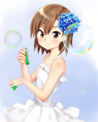 Rule 34 | 1girl, aged down, blush, brown eyes, brown hair, bubble, blowing bubbles, child, dress, frilled dress, frills, from side, hair ornament, highres, looking at viewer, masamuuu, misaka mikoto, simple background, solo, toaru kagaku no railgun, toaru majutsu no index, white background, white dress