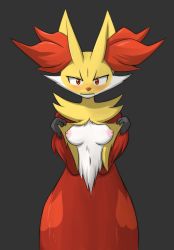 Rule 34 | 1girl, animal ears, aoinu111, blush, breasts, clothes lift, creatures (company), delphox, embarrassed, fox ears, furry, furry female, game freak, gen 6 pokemon, grey background, looking at viewer, medium breasts, navel, nintendo, nipples, pokemon, pokemon (creature), pokemon xy, red eyes, shirt lift, simple background, solo