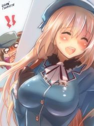 Rule 34 | 10s, 2girls, atago (kancolle), blonde hair, breast envy, breasts, brown eyes, brown hair, crying, crying with eyes open, dated, hat, kantai collection, large breasts, long hair, military, military uniform, multiple girls, o o, ryuujou (kancolle), signature, tears, twintails, uniform, upper body, visor cap, yumi yumi