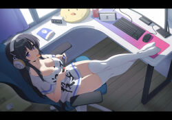 Rule 34 | 1girl, absurdres, azur lane, bag of chips, bare shoulders, black hair, breasts, can, chair, chips (food), cleavage, clock, digital clock, drink can, food, food in mouth, gaming chair, handheld game console, headphones, highres, holding, holding handheld game console, indoors, keyboard (computer), large breasts, long hair, long island (azur lane), long island (long island - indoor slacker) (azur lane), manjuu (azur lane), midsummerw, monitor, nintendo switch, off-shoulder shirt, off shoulder, official alternate costume, oversized clothes, oversized shirt, potato chips, purple eyes, shirt, short sleeves, soda can, solo, swivel chair, thighhighs, very long hair, white shirt, white thighhighs, wooden floor