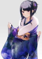 Rule 34 | 1girl, absurdres, black hair, commentary request, floral print, fur-trimmed kimono, fur trim, highres, idolmaster, idolmaster shiny colors, japanese clothes, kazano hiori, kimono, long hair, looking at viewer, miyar2d2, obi, purple eyes, sash, simple background, smile, solo
