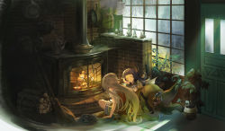 Rule 34 | 2girls, ashukapeka, basket, bat wings, black cat, black dress, black hair, blonde hair, brown hair, cat, chimney, commentary, condensation, detached sleeves, door, dress, english commentary, facing another, facing away, fire, fireplace, frying pan, glass writing, hat, hat ornament, highres, indian style, indoors, kettle, kitchen, knees up, lamp, log, long hair, long sleeves, looking to the side, multiple girls, on floor, original, palm leaf, plant, pot, potted plant, rain, shoes, sitting, sleeping, very long hair, window, window fog, wings, witch, witch hat