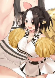Rule 34 | 1girl, :d, animal ears, arm up, armpits, bare shoulders, black hair, blush, breasts, cccpo, cheerleader, cleavage, collarbone, collared shirt, commentary request, cow ears, cow girl, cowboy shot, crop top, ear tag, fake animal ears, green eyes, hairband, highres, holding, holding pom poms, holstein (cccpo), large breasts, midriff, miniskirt, multicolored hair, multiple views, navel, open mouth, original, pom pom (cheerleading), shirt, short hair, sidelocks, skirt, sleeveless, sleeveless shirt, smile, stomach, sweat, thighs, two-tone hair, white hair, white shirt, white skirt