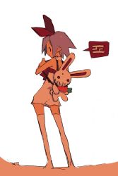 Rule 34 | 1girl, bare shoulders, carrot, contrapposto, disgaea, flat chest, hair ribbon, harada takehito, looking at viewer, looking back, nippon ichi, original, pleinair, pointy ears, rabbit, ribbon, short hair, simple background, smile, solo, speech bubble, standing, stuffed animal, stuffed rabbit, stuffed toy, sweatdrop, thighhighs, translation request, usagi-san, white background, white thighhighs, zettai ryouiki