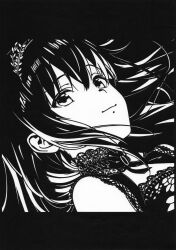 Rule 34 | 1girl, absurdres, arm at side, close-up, closed mouth, dress, dutch angle, floating hair, greyscale, hair between eyes, highres, idoly pride, lace, lace-trimmed dress, lace trim, letterboxed, long hair, looking at viewer, monochrome, moy1124, nagase mana, paper cutout (medium), portrait, raised eyebrows, sidelocks, sleeveless, sleeveless dress, smile, solo