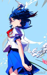 Rule 34 | 1girl, 3d, arm up, artist name, blue eyes, blue hair, blue sailor collar, blue serafuku, blue skirt, cel shading, closed mouth, colored eyelashes, cowboy shot, derivative work, floating clothes, floating hair, floating neckwear, from side, highres, holding, holding paper airplane, midriff peek, mika pikazo, neckerchief, original, paper airplane, pleated skirt, red neckerchief, redshadestd, sailor collar, school uniform, serafuku, short hair, short sleeves, skirt, smile, solo, stairs, wind, wind lift