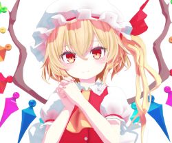 Rule 34 | 1girl, 3d, arni, ascot, back bow, blonde hair, blush, bow, buttons, closed mouth, collared shirt, commentary request, crystal, eyelashes, eyes visible through hair, fingernails, flandre scarlet, frills, hair between eyes, hands up, hat, hat ribbon, jewelry, looking at viewer, mikumikudance (medium), mob cap, multicolored wings, nail polish, one side up, own hands together, pink nails, puffy short sleeves, puffy sleeves, red eyes, red ribbon, red vest, ribbon, shadow, shirt, short hair, short sleeves, side ponytail, simple background, smile, solo, touhou, upper body, vest, white background, white bow, white hat, wings, yellow ascot