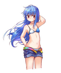 Rule 34 | 1girl, adapted costume, alternate costume, arm behind head, bare shoulders, bikini, bikini top only, blue hair, blush, breasts, cowboy shot, cropped legs, flat chest, hinanawi tenshi, long hair, looking at viewer, naegi (naegidokoro), navel, open fly, red eyes, short shorts, shorts, simple background, small breasts, solo, swimsuit, touhou, unzipped, white background