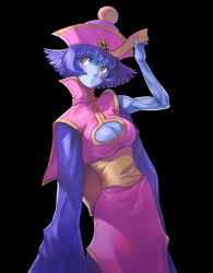 Rule 34 | 1girl, blue hair, blue skin, boyaking, breasts, capcom, chinese clothes, cleavage, cleavage cutout, clothing cutout, colored skin, flipped hair, hat, jiangshi, large breasts, lei lei, short hair, solo, vampire (game), yellow eyes