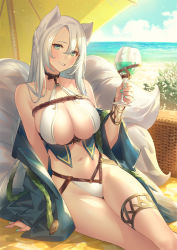 Rule 34 | 1girl, afk arena, animal ears, anklet, aqua eyes, arm support, bare shoulders, bikini, breasts, choker, cleavage, coat, cup, drinking glass, fox ears, fox girl, fox tail, grin, groin, highleg, highleg bikini, holding, holding cup, jewelry, kitsune, large breasts, long hair, looking at viewer, mature female, mole, mole under eye, multiple tails, nail polish, off shoulder, official art, open clothes, open coat, popqn, rope, silver hair, sitting, smile, solise (afk arena), solo, swimsuit, tail, thighs, white bikini, wine glass