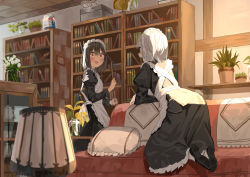 Rule 34 | 2girls, :d, absurdres, apron, blush, bob cut, bookshelf, broom, brown hair, cleaning, couch, grey eyes, grey hair, hair between eyes, highres, indoors, kneeling, long sleeves, looking at another, maid, maid apron, maid headdress, mary janes, medium hair, multiple girls, on couch, open mouth, original, plant, red eyes, sen (sennosenn1127), shoes, short hair, smile, soles, standing, teeth, white hair, white legwear