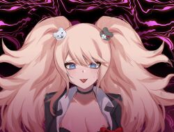 Rule 34 | 1girl, :p, black choker, black shirt, blonde hair, blue eyes, blush, bow, breasts, choker, cleavage, collarbone, danganronpa: trigger happy havoc, danganronpa (series), enoshima junko, highres, hy (fjvlg), large breasts, pink background, red bow, shirt, smile, solo, tongue, tongue out, twintails