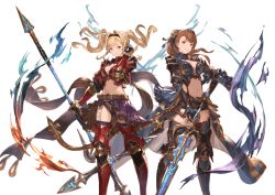 Rule 34 | 10s, 2girls, armor, armored boots, bad id, bad twitter id, beatrix (granblue fantasy), bikini armor, blonde hair, boots, braid, breasts, brown hair, cleavage, french braid, friends, granblue fantasy, hairband, holding, holding weapon, large breasts, long hair, looking at viewer, medium breasts, midriff, minaba hideo, multiple girls, n.a., navel, official art, official style, pleated skirt, polearm, ponytail, simple background, skirt, smile, spear, thighhighs, twintails, weapon, white background, zeta (granblue fantasy)