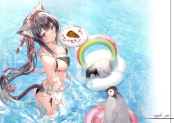 Rule 34 | 1girl, absurdres, animal, animal ear fluff, animal ears, apron, ass, bare shoulders, bikini, bird, black bikini, black hair, blush, breasts, cake, cake slice, cat ears, cat girl, cat tail, day, food, hair ornament, hairclip, highres, holding, inflatable toy, long hair, looking at viewer, maid headdress, medium breasts, miwabe sakura, mole, mole under eye, original, outdoors, penguin, plate, purple eyes, scan, shiny skin, side-tie bikini bottom, simple background, smile, swimsuit, tail, thighs, tongue, tongue out, waist apron, water, water drop, wet
