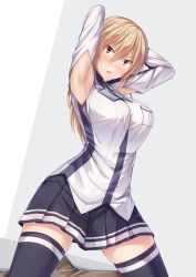 Rule 34 | 1girl, armpits, arms behind head, arms up, asaba kakeru, blonde hair, blue thighhighs, blush, breast pocket, breasts, cowboy shot, hair between eyes, highres, large breasts, long hair, looking at viewer, open mouth, original, pleated skirt, pocket, red eyes, simple background, skindentation, skirt, solo, tagme, thighhighs, zettai ryouiki