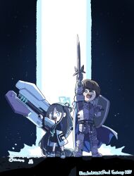 Rule 34 | 1boy, 1girl, absurdres, adventurer (ff14), aris (blue archive), armor, black hair, blue archive, brown hair, chibi, crossover, facial hair, final fantasy, final fantasy xiv, full body, gun, halo, height difference, highres, holding, holding gun, holding shield, holding sword, holding weapon, instagram username, legs apart, light pillar, looking at another, looking at viewer, outstretched hand, plate armor, railgun, shield, standing, sword, tumblr username, twitter username, warrior of light (ff14), weapon, whitydragon