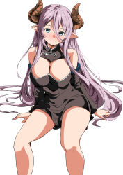 Rule 34 | 1girl, arm support, bare shoulders, black dress, blue eyes, blush, breasts, brown horns, cleavage cutout, closed mouth, clothing cutout, detached sleeves, draph, dress, granblue fantasy, highres, horns, invisible chair, kishishi (kishiman-ya), large breasts, long bangs, long hair, narmaya (granblue fantasy), nose blush, pink hair, pointy ears, simple background, sitting, smile, solo, split mouth, thighs, very long hair, white background