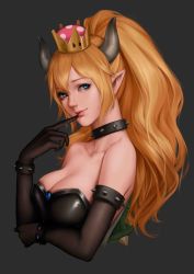 Rule 34 | 1girl, absurdres, armlet, bare shoulders, black collar, black gloves, blonde hair, blue eyes, blue gemstone, blush, bowsette, bracelet, breasts, chest jewel, cleavage, collar, collarbone, crown, earrings, elbow gloves, female focus, gem, gloves, hair between eyes, high ponytail, highres, horns, jewelry, large breasts, lips, long hair, mario (series), monster girl, neck, new super mario bros. u deluxe, nintendo, pointy ears, ponytail, shell, smile, solo, spiked armlet, spiked bracelet, spiked collar, spiked shell, spikes, super crown, turtle shell, white horns