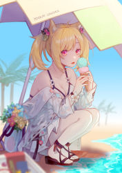Rule 34 | 1girl, absurdres, ahoge, animal ears, arknights, bare legs, beach, beach umbrella, bikini, black footwear, blonde hair, blue sky, blurry, blurry foreground, breasts, cleavage, closed mouth, commentary, day, eating, flower, food, fox ears, from side, full body, hair ornament, highres, holding, holding food, ice cream, ice cream cone, jacket, leaf hair ornament, looking at viewer, medium breasts, medium hair, miike (992058), miniskirt, mistletoe, off shoulder, official alternate costume, open clothes, open jacket, outdoors, palm tree, pink eyes, pleated skirt, sandals, shade, skirt, sky, solo, sora (arknights), sora (summer flowers) (arknights), squatting, swept bangs, swimsuit, tongue, tongue out, tree, twintails, umbrella, white bikini, white jacket, white skirt, wrist flower, wristband