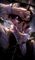 Rule 34 | 1boy, artist name, aya shiro423, black hair, blood, blood on clothes, blood on mouth, blue eyes, blurry, blurry background, blurry foreground, cigarette, dated, gintama, hand up, hijikata toushirou, holding, holding weapon, long sleeves, male focus, mouth hold, outdoors, rain, smoke, smoking, solo, sword, teeth hold, veins, weapon, wet