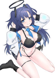 Rule 34 | 1girl, absurdres, arashi (alais), arms up, bare shoulders, between breasts, black bra, black panties, black socks, blue archive, blue necktie, blush, bra, breasts, cleavage, detached collar, full body, hair between eyes, halo, highres, horns, jacket, large breasts, lingerie, long hair, long sleeves, looking at viewer, navel, necktie, necktie between breasts, open clothes, open jacket, panties, simple background, sitting, smile, socks, solo, stomach, thigh strap, thighs, underwear, very long hair, white background, yuuka (blue archive)