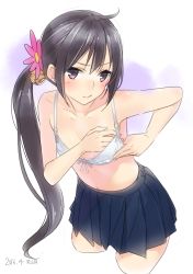 Rule 34 | 10s, 1girl, 2016, adjusting bra, adjusting clothes, akebono (kancolle), ama mitsuki, bare arms, bare shoulders, bell, blue skirt, bra, cropped legs, dated, flat chest, flower, hair bell, hair flower, hair ornament, jingle bell, kantai collection, leaning forward, long hair, looking at viewer, pink flower, pleated skirt, purple eyes, side ponytail, simple background, skirt, solo, standing, underwear, white background, white bra