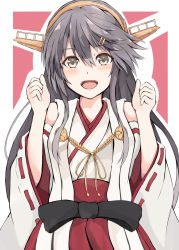 Rule 34 | 1girl, bare shoulders, dairyo3, detached sleeves, grey eyes, grey hair, hair ornament, hairband, hairclip, haruna (kancolle), headgear, highres, japanese clothes, kantai collection, long hair, nontraditional miko, red skirt, ribbon-trimmed sleeves, ribbon trim, skirt, solo, upper body, wide sleeves