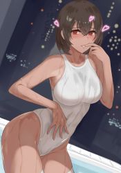 Rule 34 | 1girl, black hair, cityscape, commentary request, commission, competition swimsuit, cowboy shot, finger to mouth, highres, looking at viewer, night, one-piece swimsuit, parted lips, red eyes, sharifah ozdil (tukikagerou), skeb commission, solo, swimsuit, tan, tsukikagerou, wet, wet clothes, wet swimsuit, white one-piece swimsuit, window