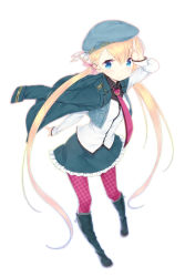 Rule 34 | 1girl, black footwear, blonde hair, blue eyes, blush, boots, checkered clothes, checkered legwear, hair ribbon, hat, highres, jacket, knee boots, long hair, long sleeves, looking at viewer, low twintails, necktie, original, pantyhose, pink pantyhose, ribbon, salute, simple background, skirt, smile, solo, twintails, very long hair, vest, white background, zizi (zz22)