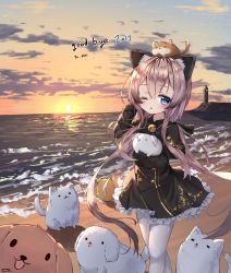 Rule 34 | 1girl, 2017, ;o, animal, animal ear fluff, animal ears, beach, bell, black bow, black capelet, black dress, blade &amp; soul, blue eyes, blush, bow, building, capelet, cat ears, cloud, commentary, dog, dress, frilled dress, frills, goodbye, hair between eyes, highres, horizon, jingle bell, korean text, lighthouse, long sleeves, low twintails, lyn (blade &amp; soul), ocean, one eye closed, pantyhose, parted lips, pink hair, sidelocks, signature, sky, solo, sun, sunset, tandohark, tongue, tongue out, translation request, twintails, white pantyhose