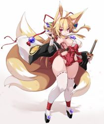 Rule 34 | 1girl, ahoge, animal ears, areola slip, armpits, bare shoulders, blonde hair, blush, breasts, detached sleeves, fingerless gloves, fingernails, fox ears, fox tail, full body, gloves, gluteal fold, hair between eyes, highres, hip vent, holding, holding sword, holding weapon, izuna (shinrabanshou), karukan (monjya), large breasts, leotard, long hair, multiple tails, no panties, open mouth, red eyes, ribbon-trimmed legwear, ribbon trim, sandals, shinrabanshou, sideboob, simple background, solo, standing, sword, tabi, tail, thighhighs, thighs, turtleneck, weapon, white leotard, white thighhighs