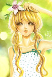 Rule 34 | 00s, 1girl, absurdres, arm up, artist name, bare shoulders, blonde hair, blue nails, blurry, blurry background, collarbone, commentary, craelle, dated, derivative work, fingernails, flower, flower on head, flower request, green background, green eyes, hair over eyes, hair tie, hand on own head, happy, highres, holding, holding flower, honey and clover, lips, long hair, long twintails, looking at viewer, low twintails, nail polish, nose, open mouth, outdoors, parted lips, pink nails, plant, polka dot, portrait, signature, smile, solo, summer, sunlight, teeth, twintails, upper body, watermark, yamada ayumi
