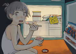 Rule 34 | 1girl, backlighting, caught, eating, english text, female focus, folded ponytail, food, grey eyes, grey hair, highres, ice cream, ice cream cup, onobane (mogyugyu88), open mouth, original, refrigerator, solo, spoon, squatting