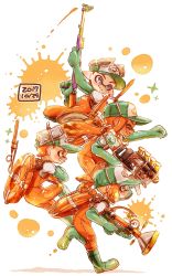 Rule 34 | 2boys, 2girls, bad id, bad twitter id, baseball cap, blue eyes, blunt bangs, boots, commentary request, dated, fang, gloves, green footwear, green gloves, green headwear, grin, grizzco blaster (splatoon), harutarou (orion 3boshi), hat, highres, holding, holding weapon, inkling, inkling boy, inkling girl, inkling player character, jumping, leaning forward, lifebuoy, long hair, long sleeves, medium hair, multiple boys, multiple girls, nintendo, open mouth, orange hair, orange overalls, overalls, paint splatter, pointy ears, print headwear, raised fist, rubber boots, rubber gloves, running, salmon run (splatoon), shirt, short hair, short ponytail, smile, sparkle, splat charger (splatoon), splatoon (series), splatoon 2, sploosh-o-matic (splatoon), swim ring, tan, tentacle hair, weapon, white shirt