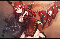 Rule 34 | 1girl, arrow (projectile), blush, bow (weapon), breasts, cleavage, eyeball, feet, horns, huge bow, huge weapon, japanese clothes, kimono, letterboxed, long hair, long sleeves, looking at viewer, obi, off shoulder, ofuda, original, quiver, red eyes, red hair, sandals, sash, solo, weapon, wide sleeves, zenn