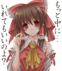 Rule 34 | 1girl, ascot, blush, bow, brown hair, coin, detached sleeves, female focus, hair bow, hair tubes, hakurei reimu, highres, japanese clothes, looking at viewer, miko, monety, red eyes, sidelocks, simple background, smile, solo, touhou, translation request, upper body, white background