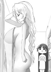 Rule 34 | 2girls, ass, braid, breast envy, breasts, covered erect nipples, covering privates, deetamu, greyscale, hand in own hair, highres, houraisan kaguya, large breasts, long hair, monochrome, multiple girls, naked towel, nude cover, onsen, see-through, see-through silhouette, touhou, towel, very long hair, yagokoro eirin